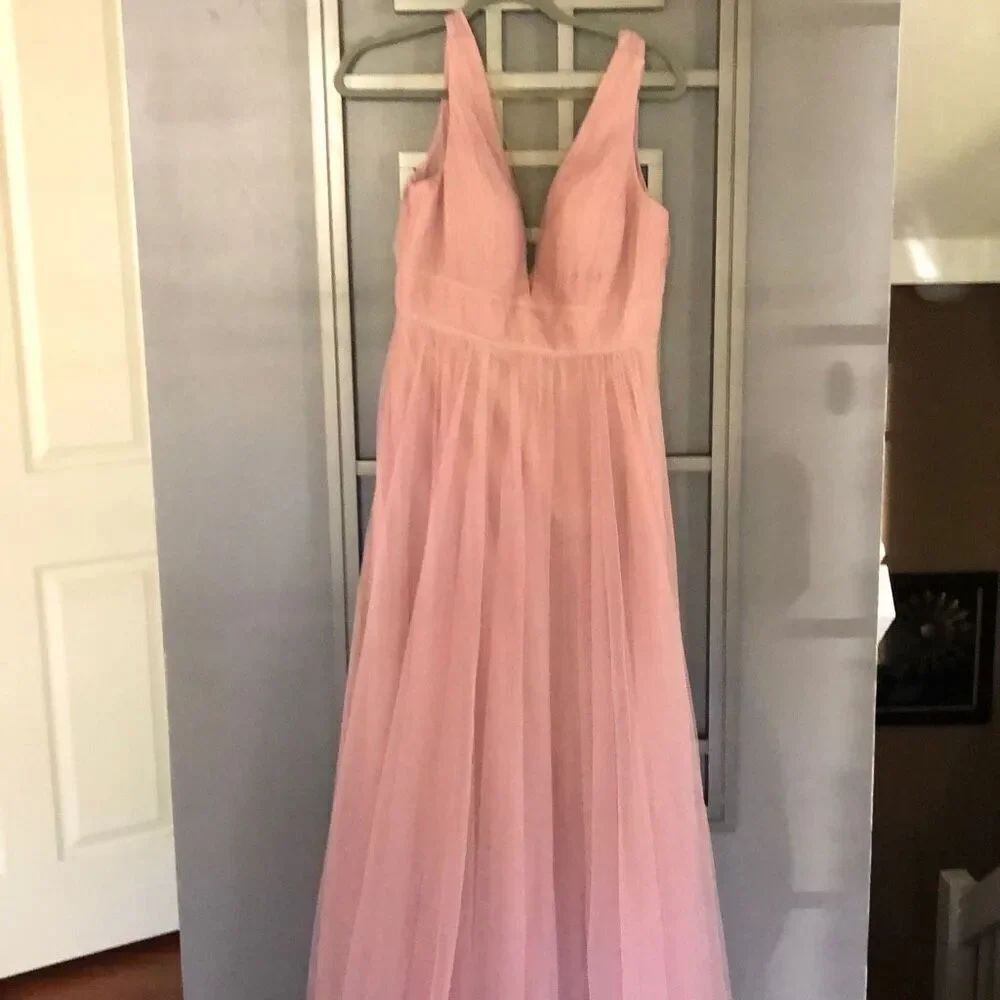 Jenny Yoo blush pinkโ๏ฟผv neck tulle long dress. Evening gown princess dress weddi